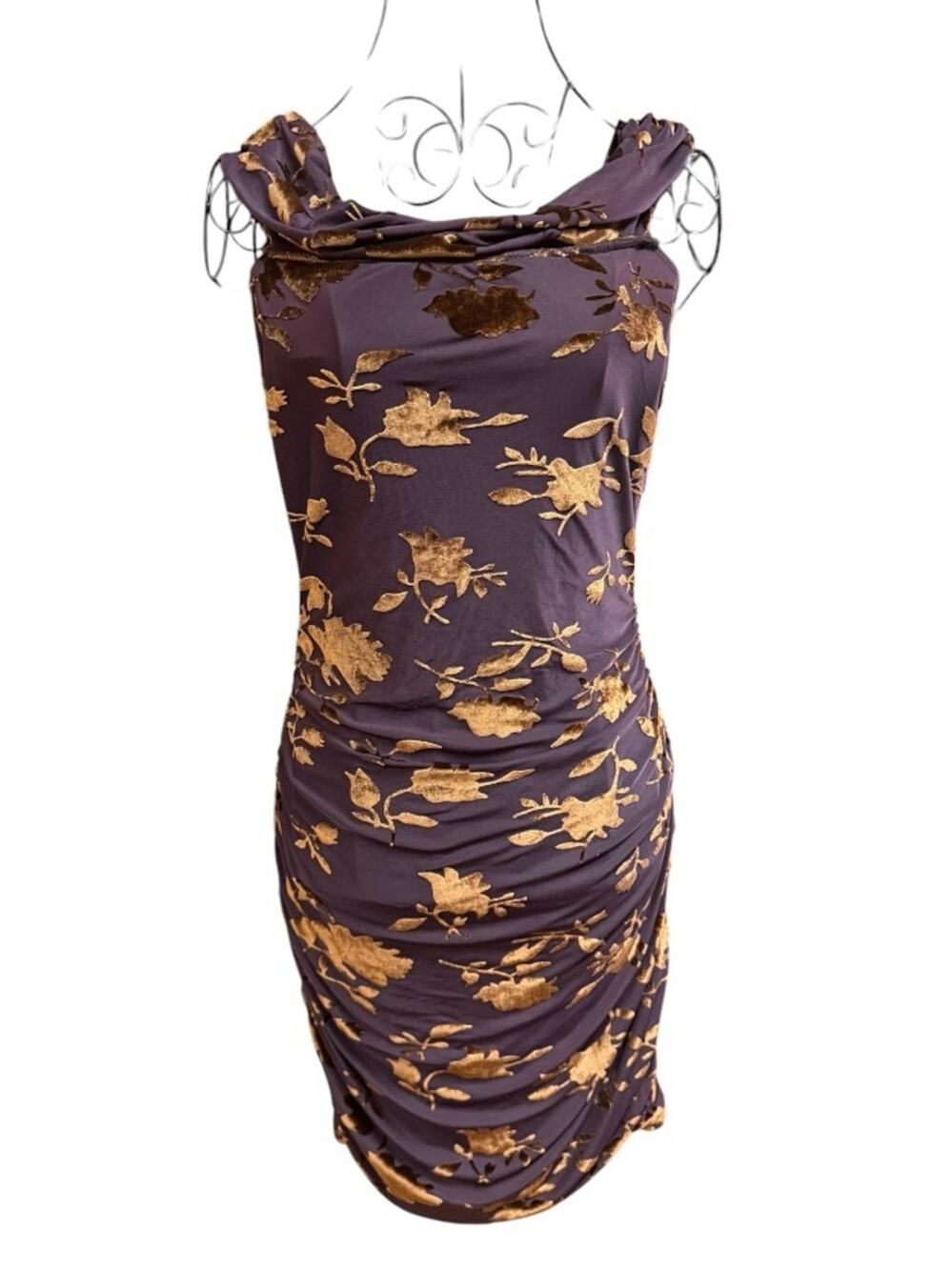 NWT Windsor Bodycon Sleeveless Brown Dress with Gold Floral Velvet Burnout Large